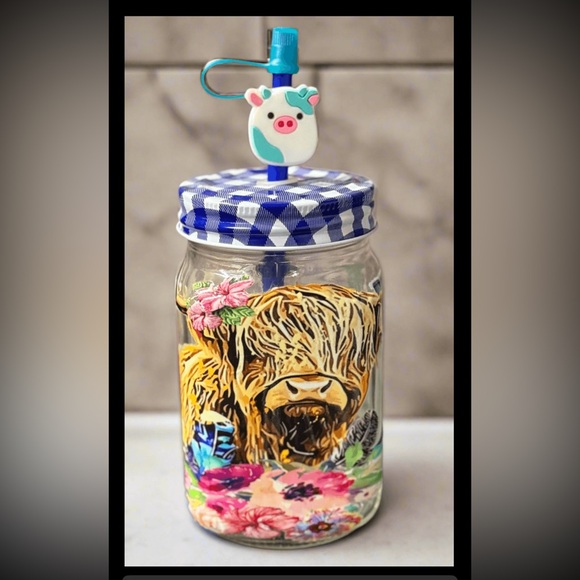 Handmade Other - Handmade Cow and Letter M glass‎ cup Blue Straw, straw lid and straw charm